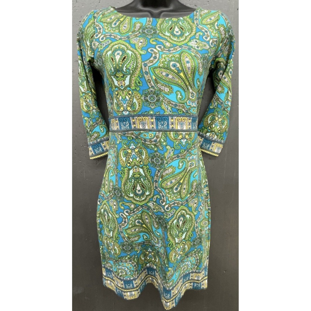 Talbots Dress 2P Green Aqua Blue‎ Paisley Sheath Stretch Preppy Elegant Coastal